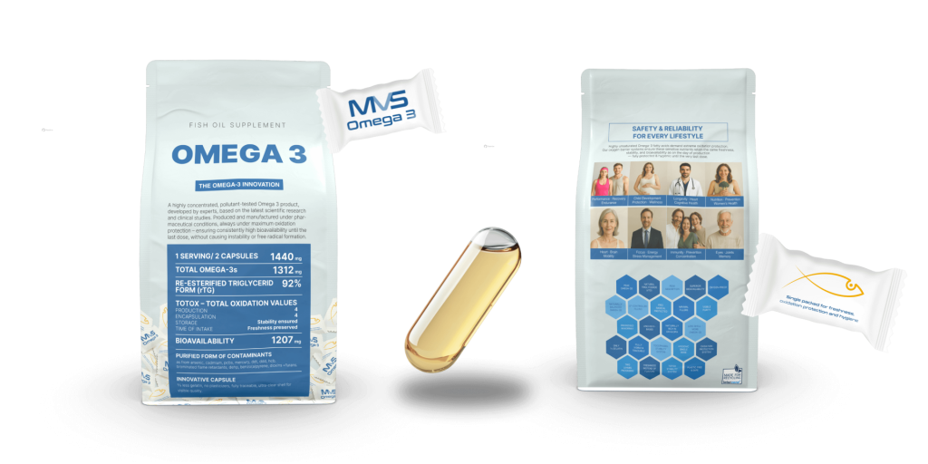 MVS Omega-3 packaging external and internal and capsule on transparent background