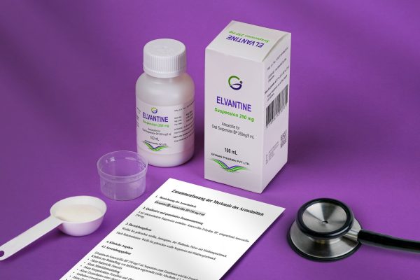 elvantine mvs pharma's product picture with measuring cup and leaflet on purple background