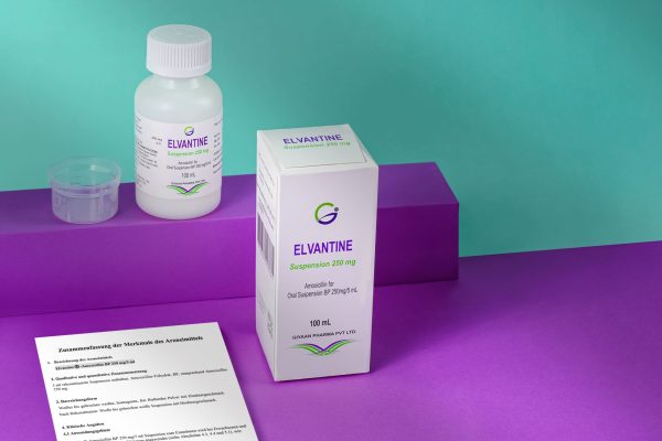 elvantine mvs pharma's product picture with measuring cup and leaflet from wider angle