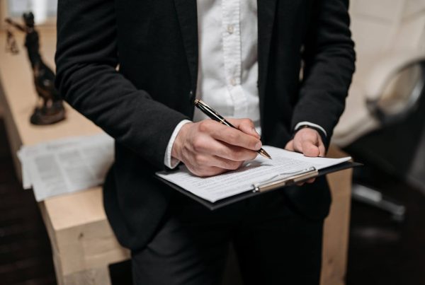 a businessman in a suit signing a document - used in article on QMS-Pyramid