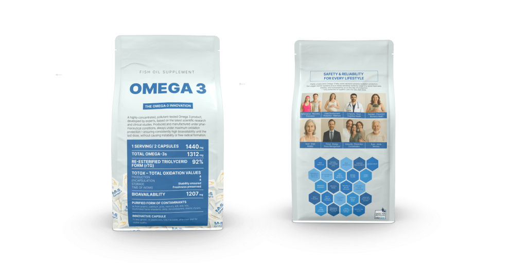 MVS omega-3 packaging design front and back on transparent background