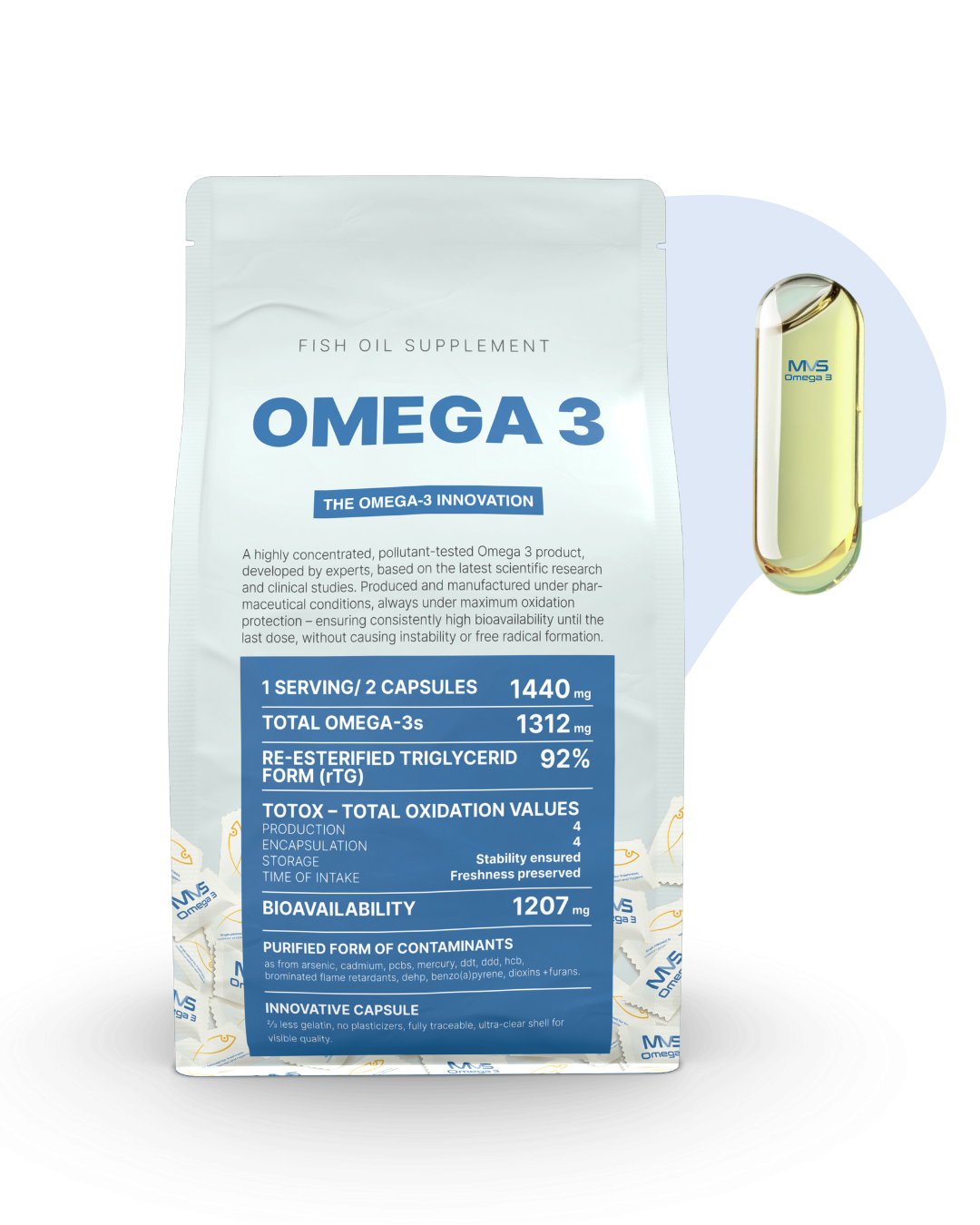 mvs omega-3 front packaging and capsule on transparent background