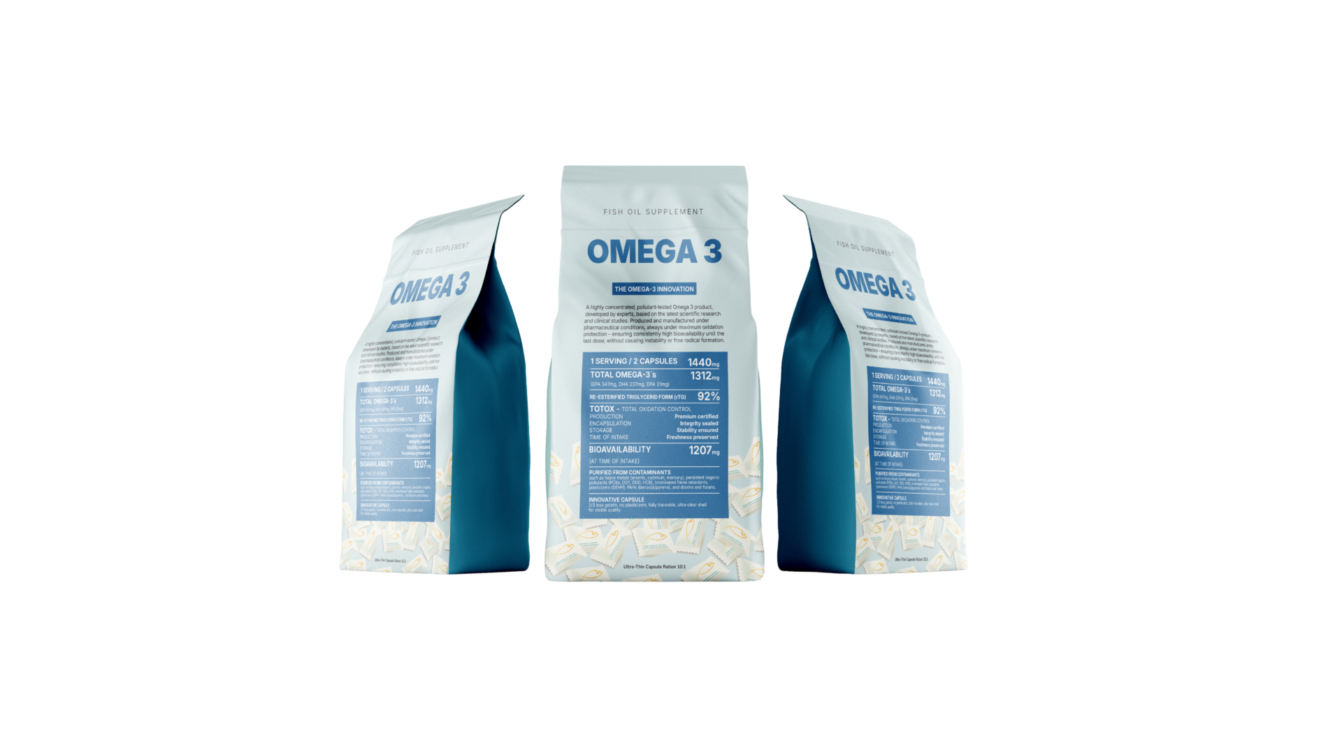 MVS omega-3 product packaging - 3 pouches front side transparent background