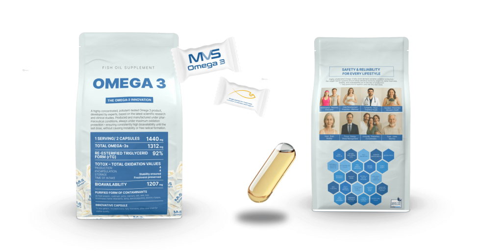 MVS Omega-3 packaging external and internal and capsule on transparent background