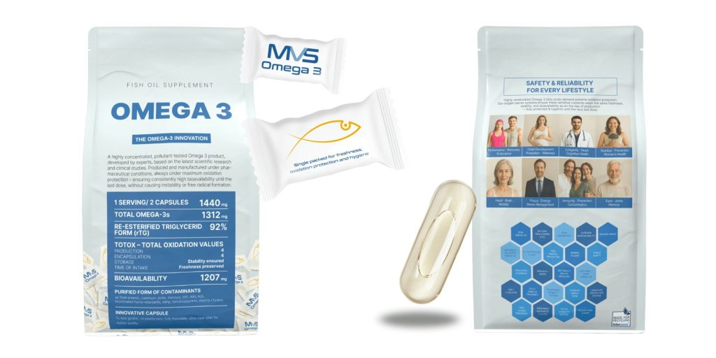 MVS Omega-3 packaging external and internal and capsule on transparent background