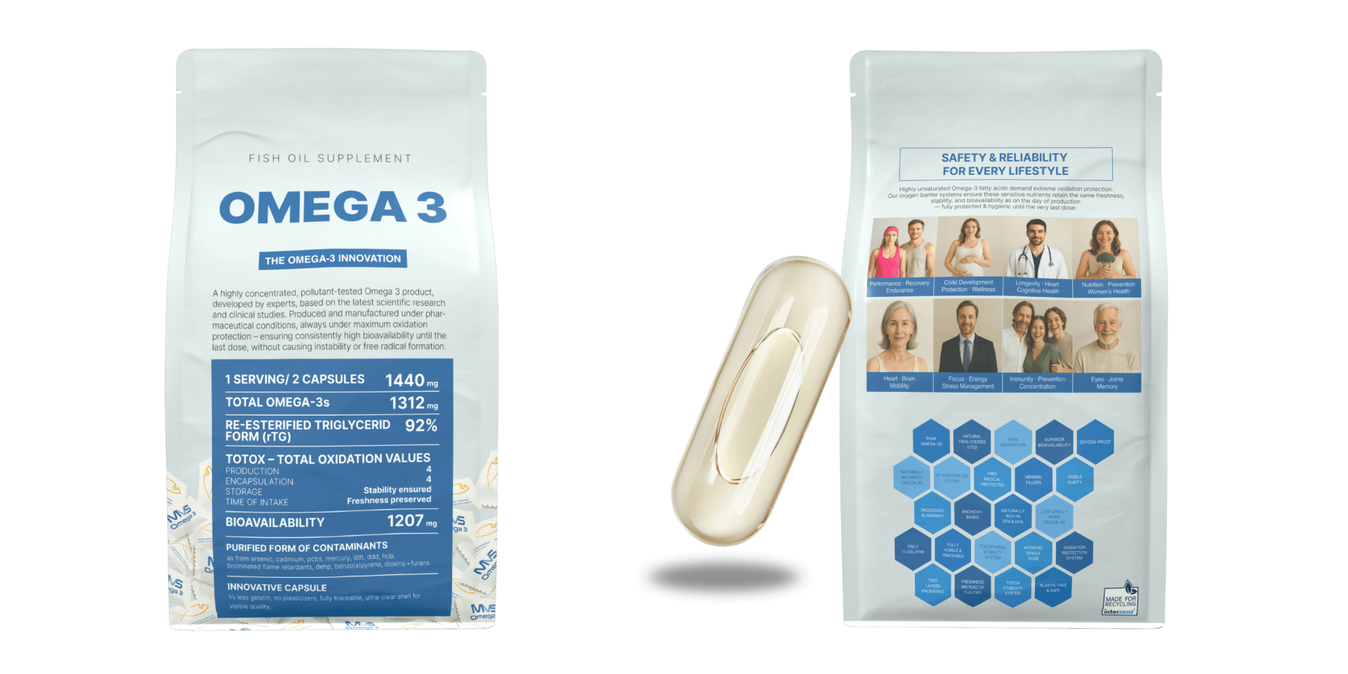 MVS Omega-3 packaging external and MVS OMEGA-3 capsule on transparent background