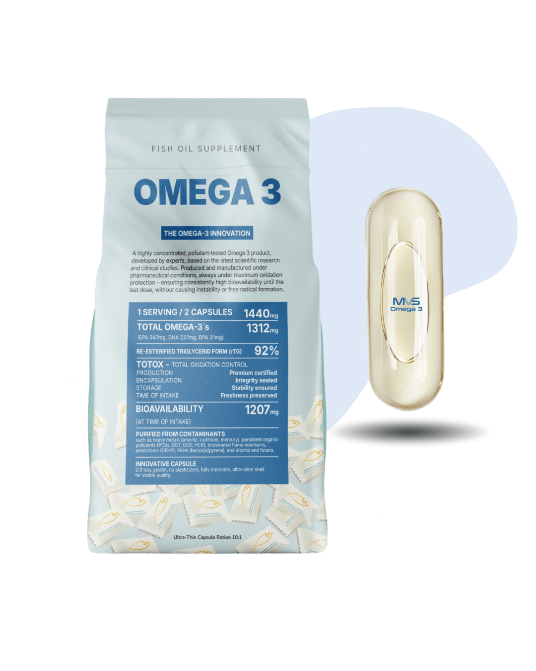 MVS Omega-3 front packaging and capsule picture on transparent background